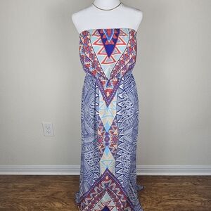 Vibrant Strapless Geometric Maxi Dress